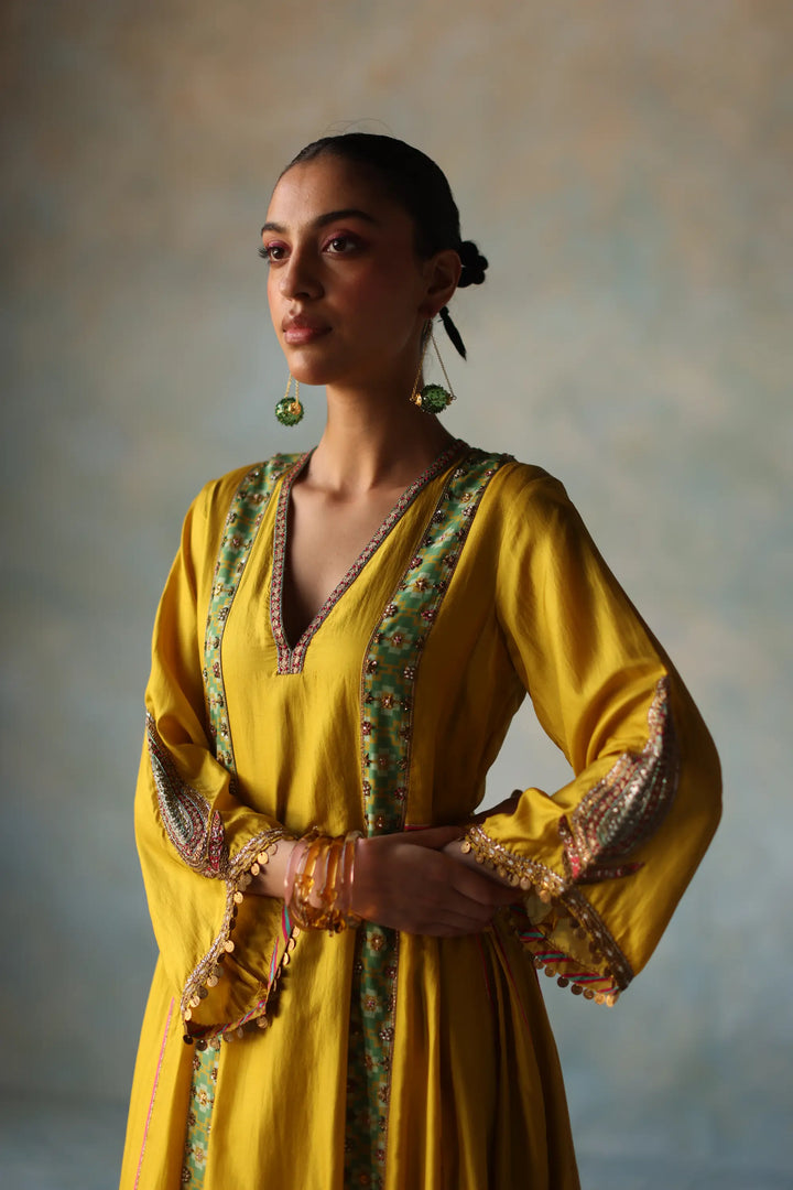 Gul Lime Yellow Side Kali Crepe Kurta Set