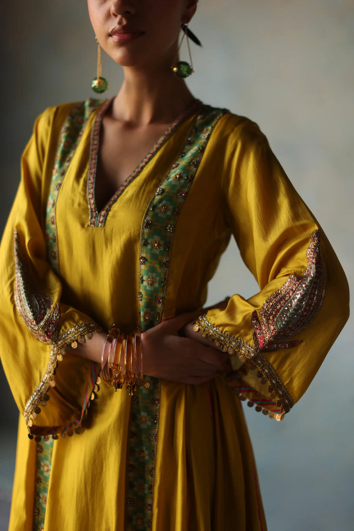 Gul Lime Yellow Side Kali Crepe Kurta Set