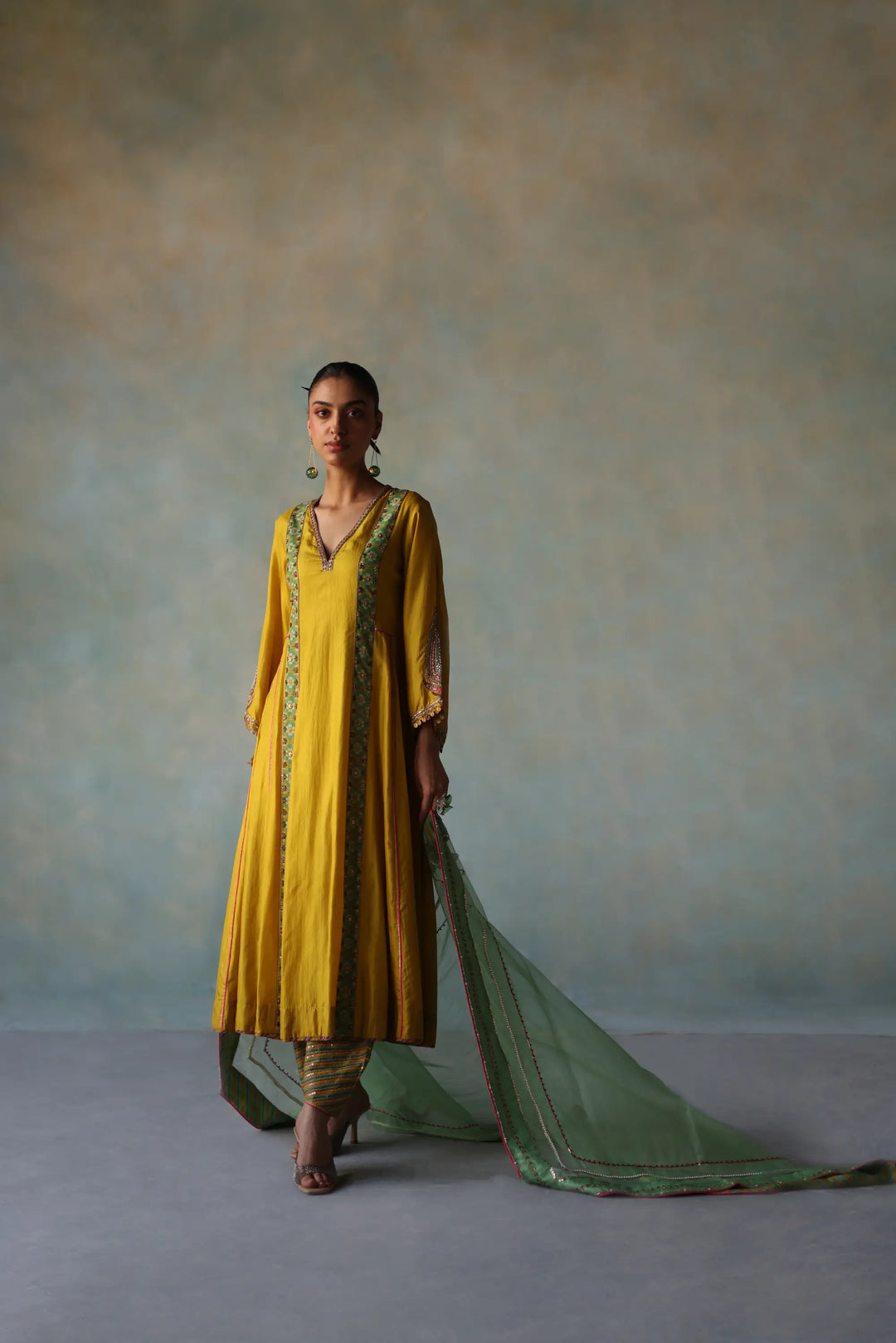 Gul Lime Yellow Side Kali Crepe Kurta Set