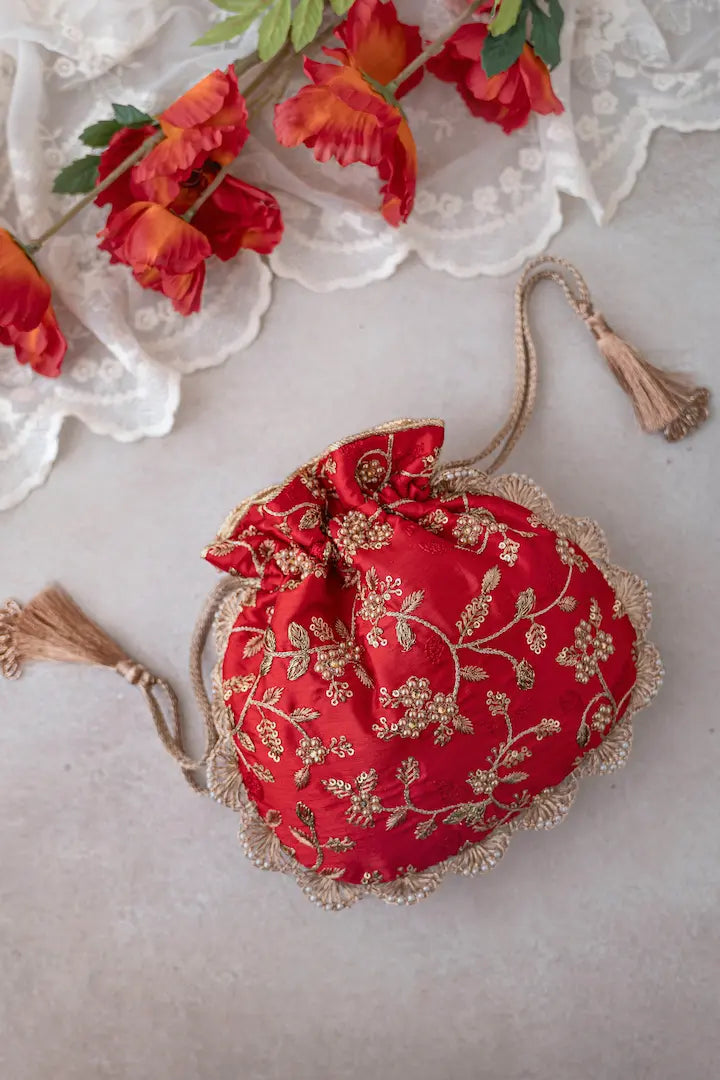 Red Embroidered Pearl Potli Bag