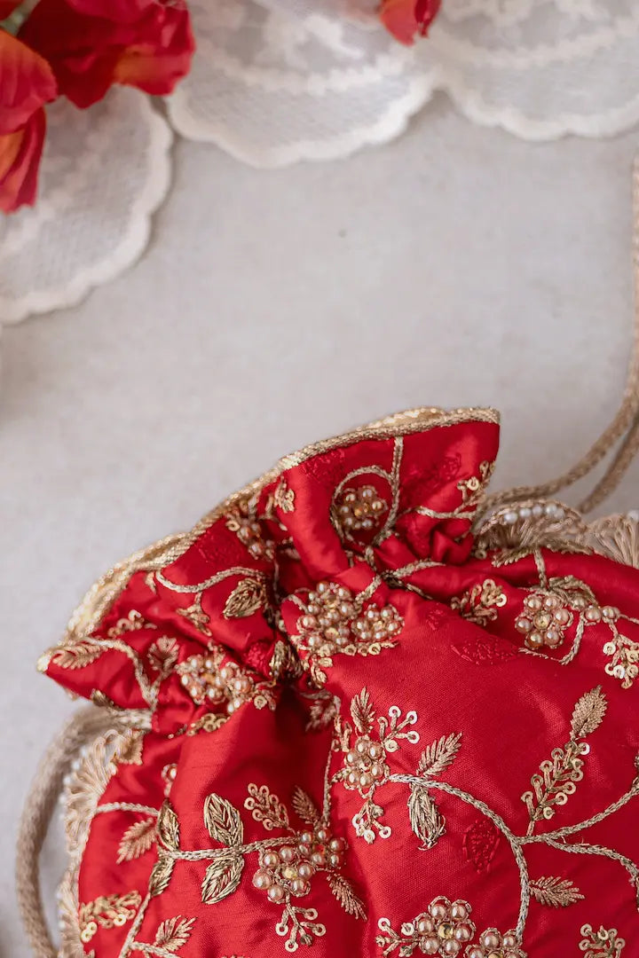 Red Embroidered Pearl Potli Bag