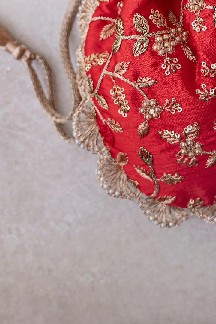 Red Embroidered Pearl Potli Bag