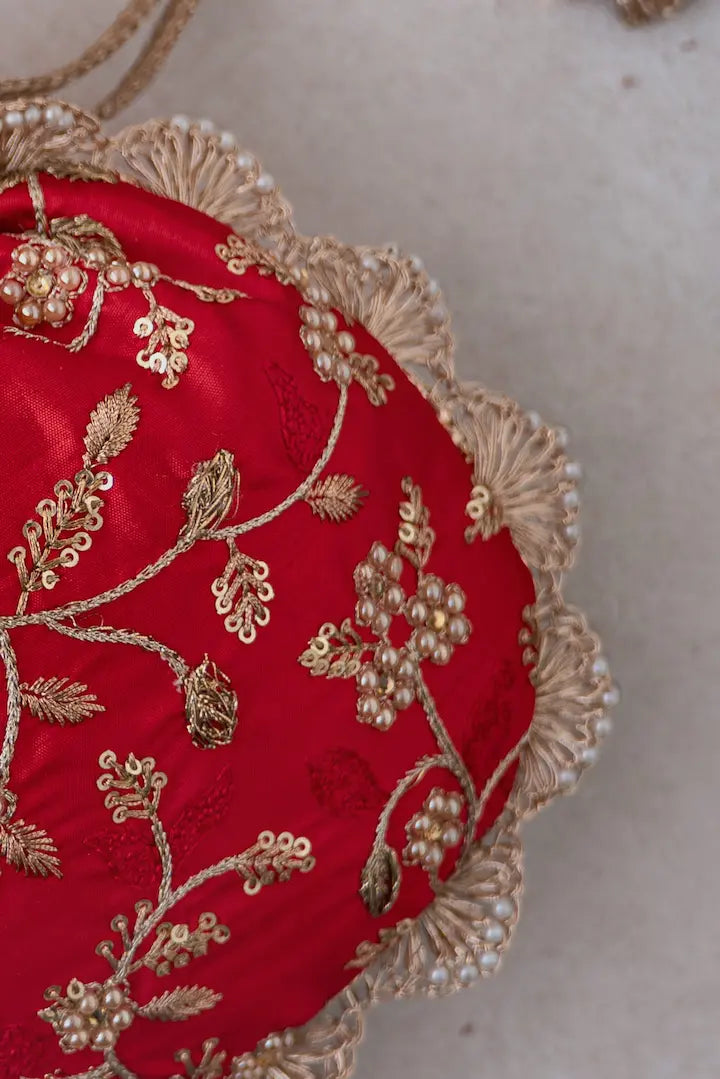 Red Embroidered Pearl Potli Bag