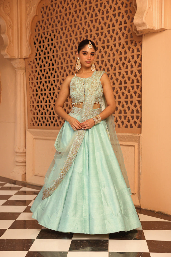 afsa misty green lehenga with blouse and dupatta