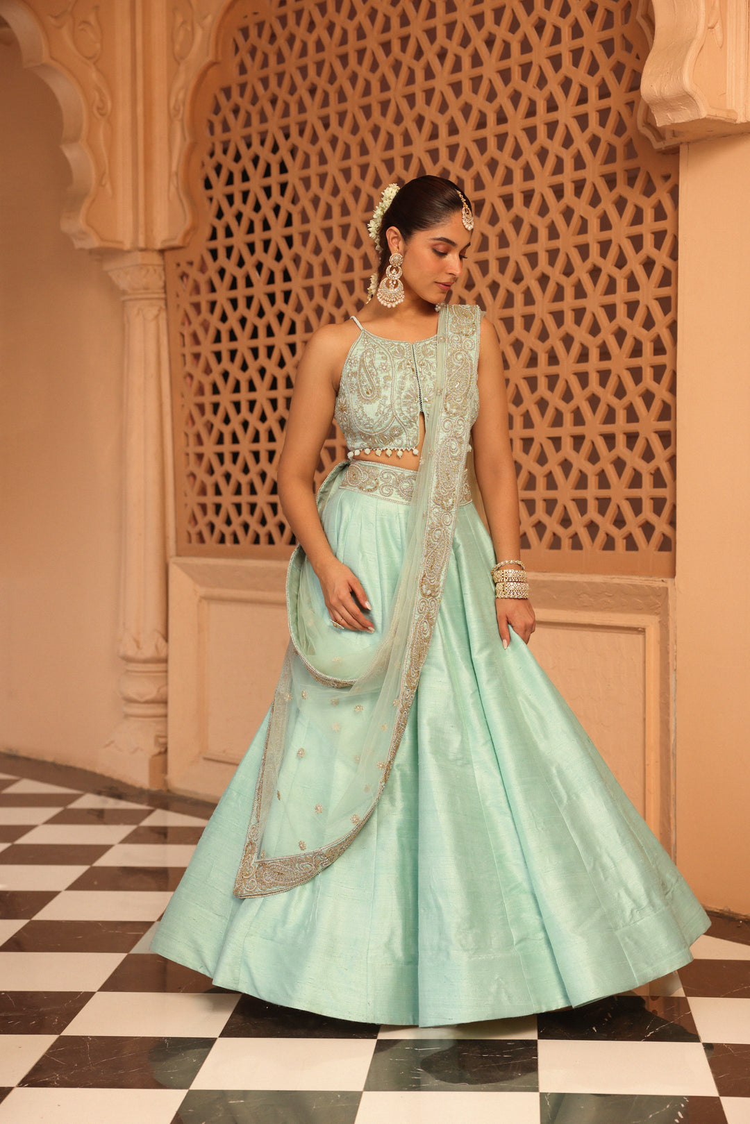 afsa misty green lehenga with blouse and dupatta