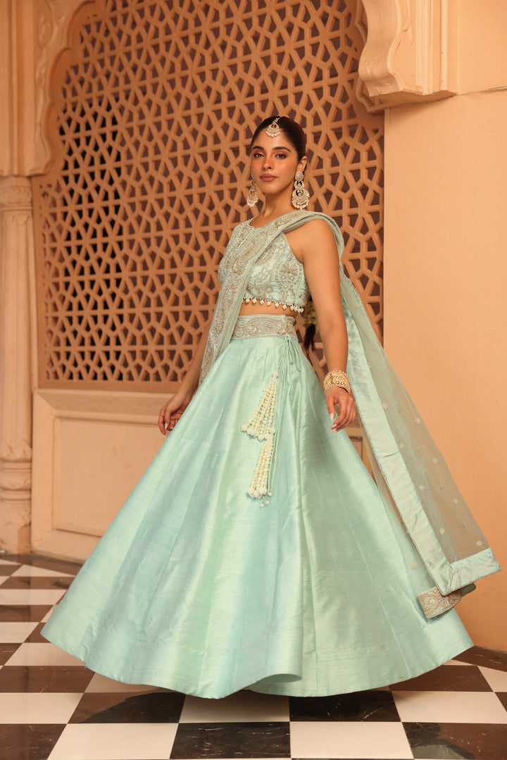 afsa misty green lehenga with blouse and dupatta