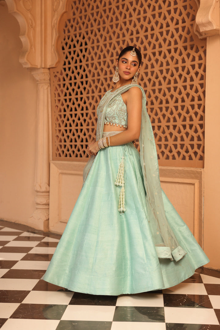 afsa misty green lehenga with blouse and dupatta