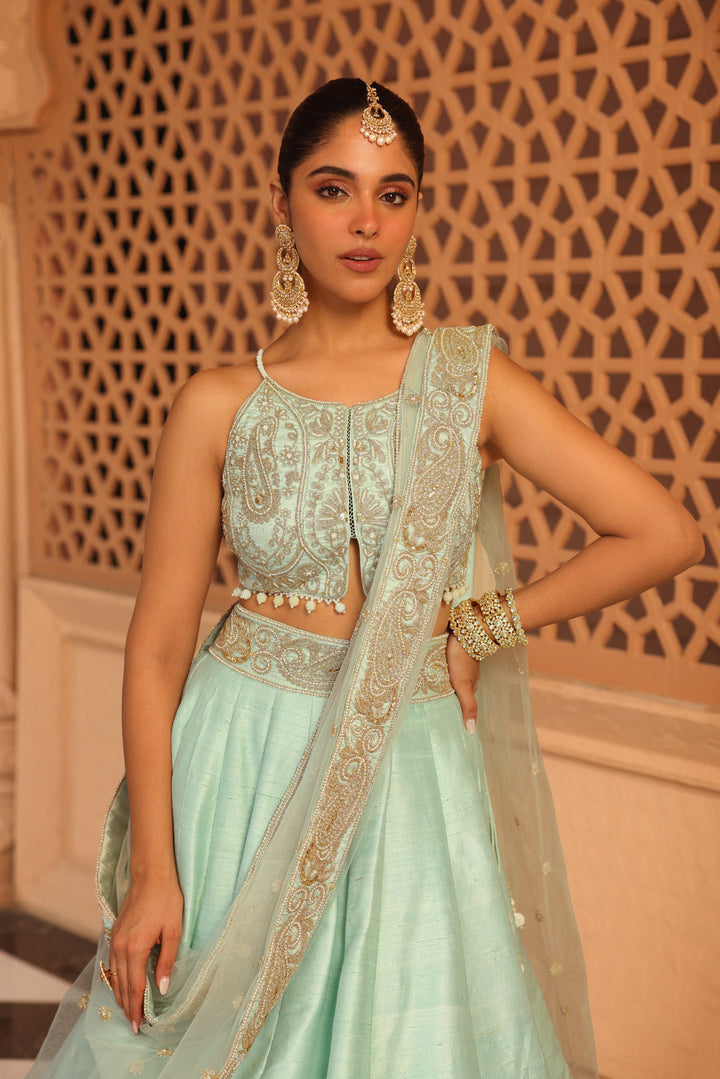 afsa misty green lehenga with blouse and dupatta