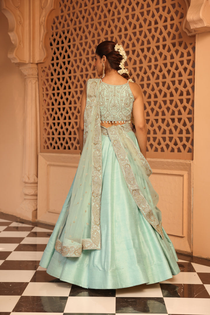 afsa misty green lehenga with blouse and dupatta