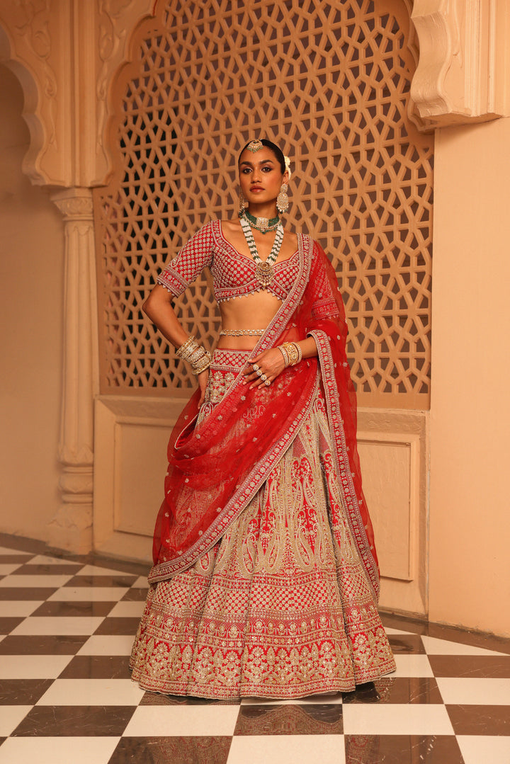 naazreen red lehenga with blouse and dupatta