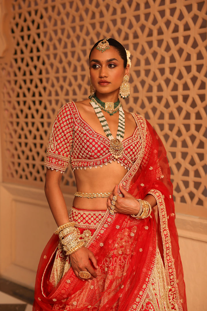 naazreen red lehenga with blouse and dupatta