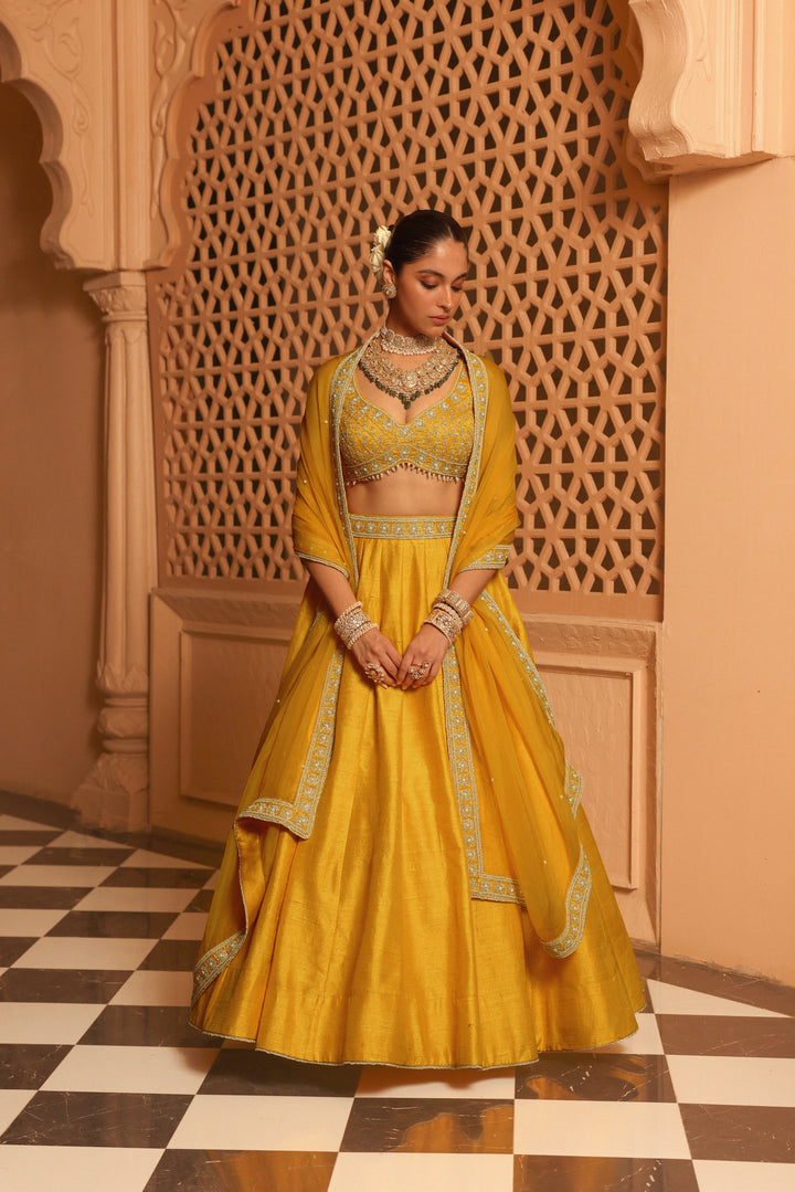 mazhum mustard lehenga with blouse and dupatta