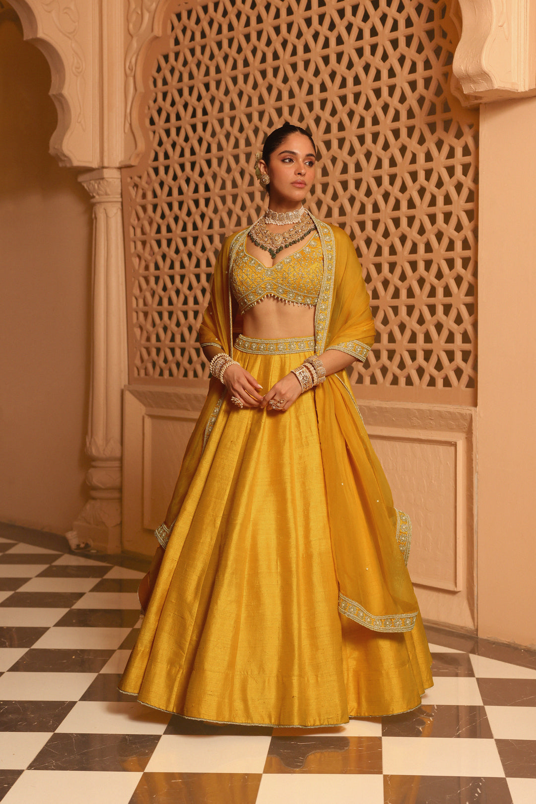 mazhum mustard lehenga with blouse and dupatta