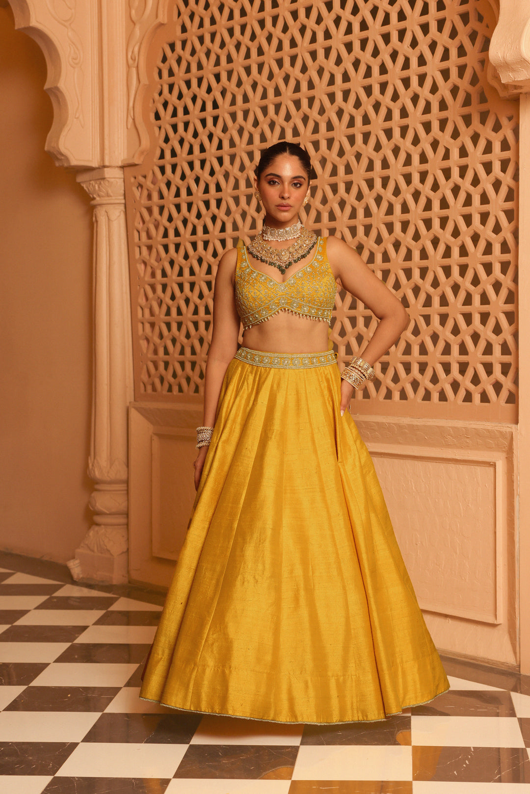 mazhum mustard lehenga with blouse and dupatta