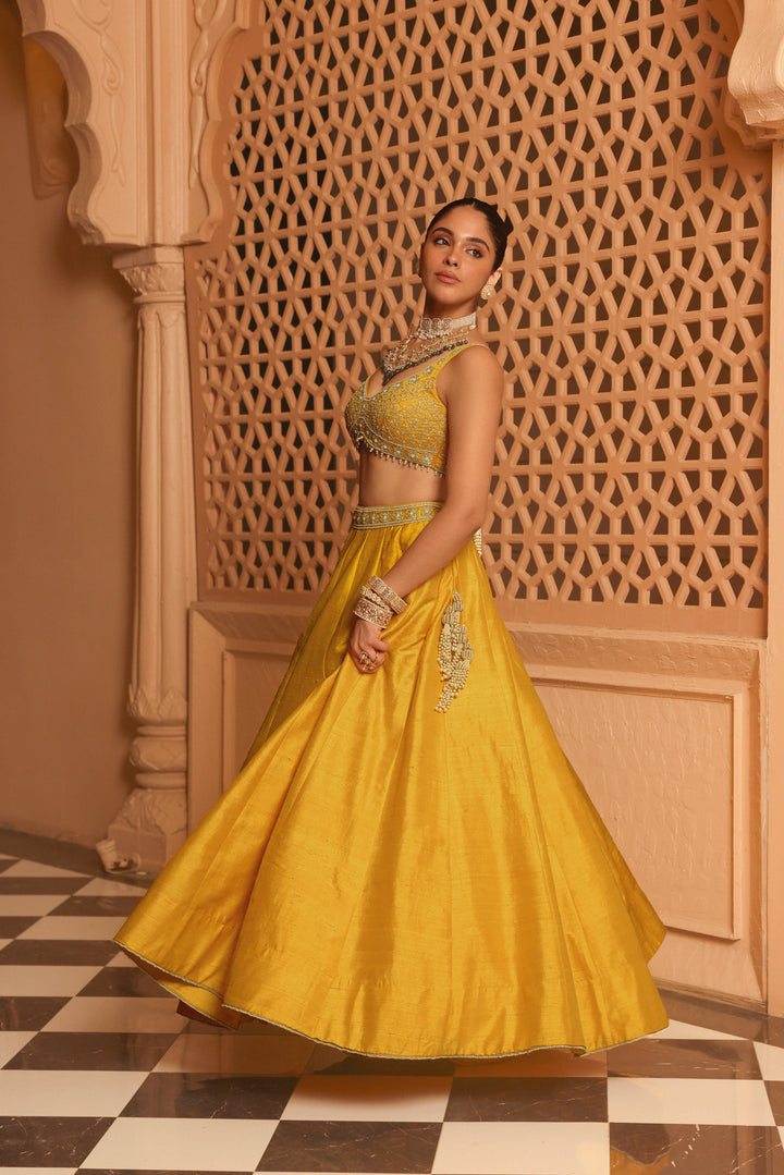 mazhum mustard lehenga with blouse and dupatta