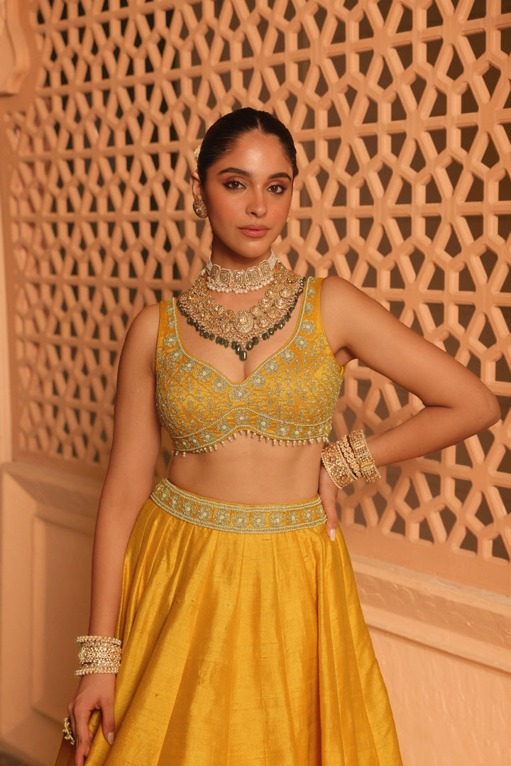 mazhum mustard lehenga with blouse and dupatta