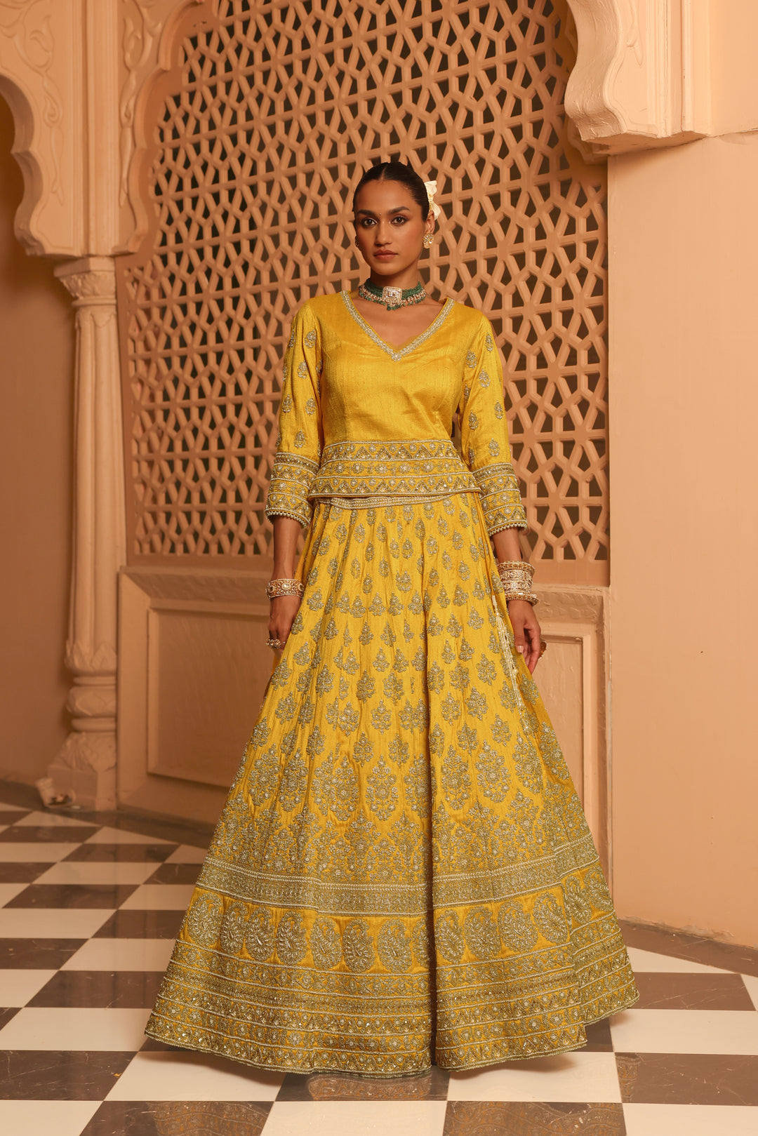 noorali mustard lehenga with choli and dupatta