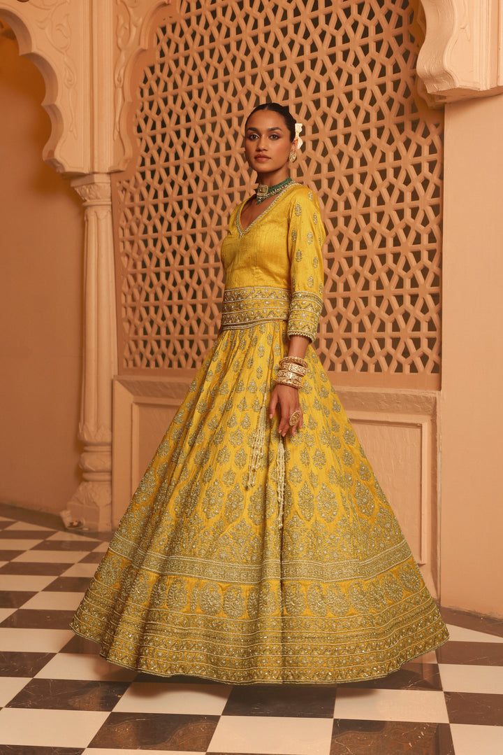 noorali mustard lehenga with choli and dupatta