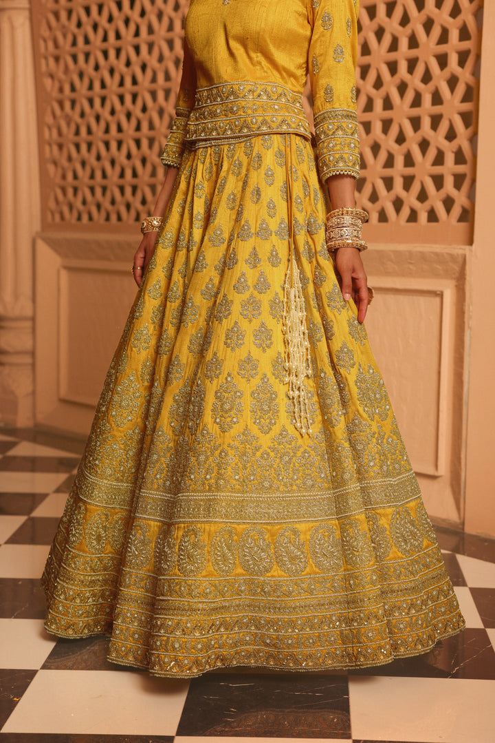 noorali mustard lehenga with choli and dupatta