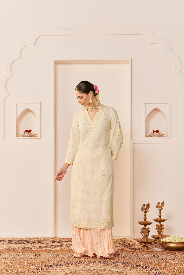 Ruhani -daisy Ivory Long Kurta With Skirt And Dupatta