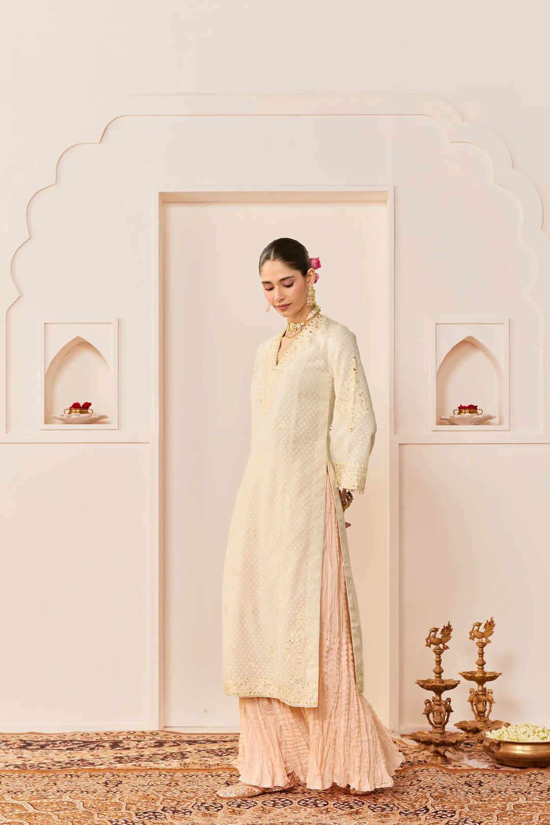 Ruhani -daisy Ivory Long Kurta With Skirt And Dupatta