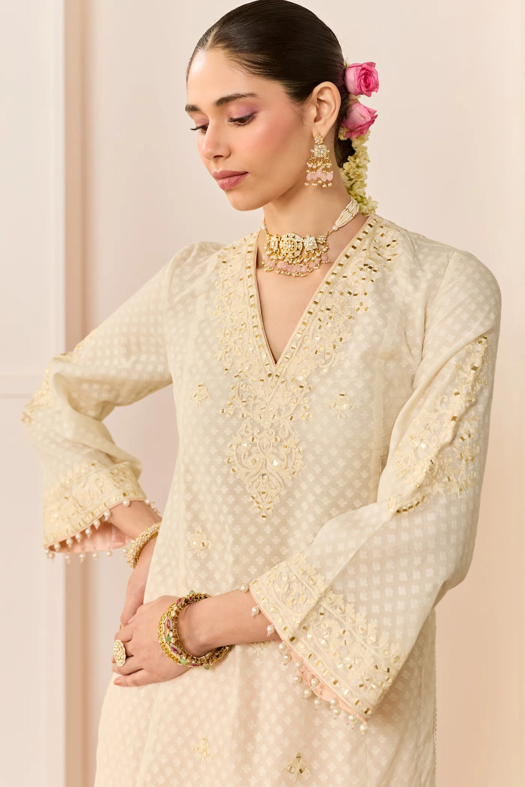Ruhani -daisy Ivory Long Kurta With Skirt And Dupatta