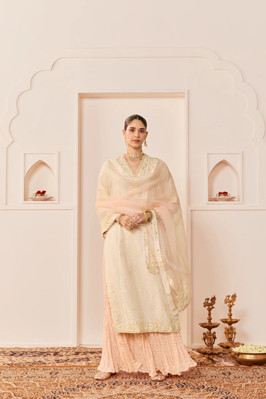 Ruhani -daisy Ivory Long Kurta With Skirt And Dupatta