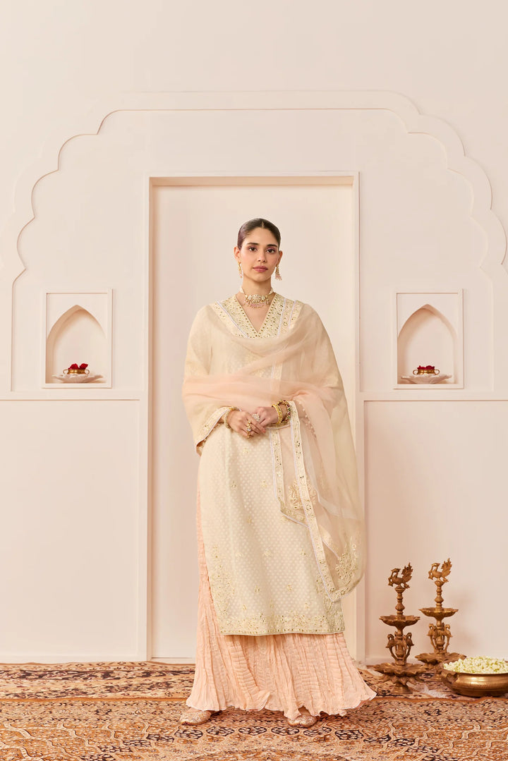 Ruhani -daisy Ivory Long Kurta With Skirt And Dupatta