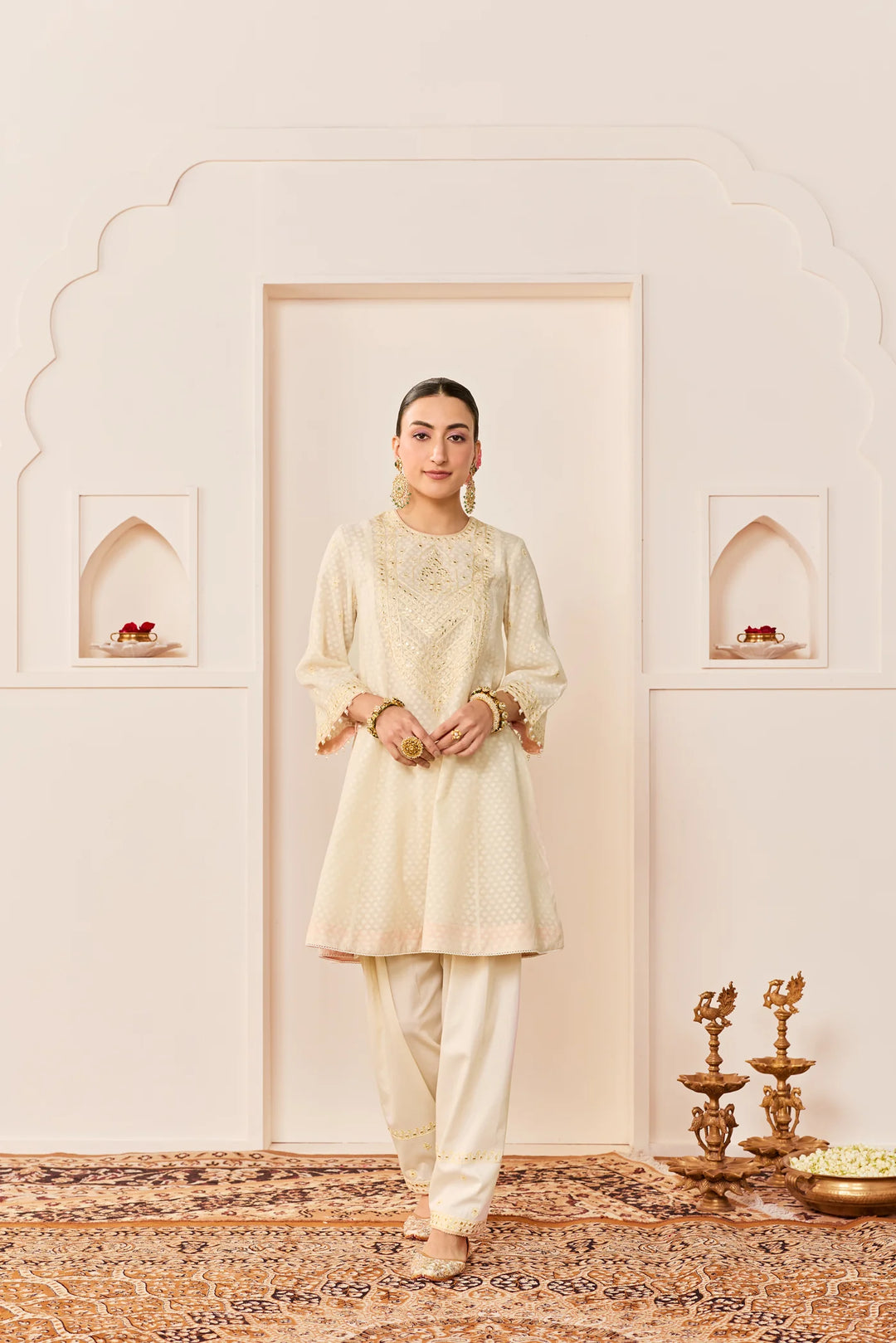 Nida - Daisy Ivory Short Choga With Farshi Salwar and dupatta