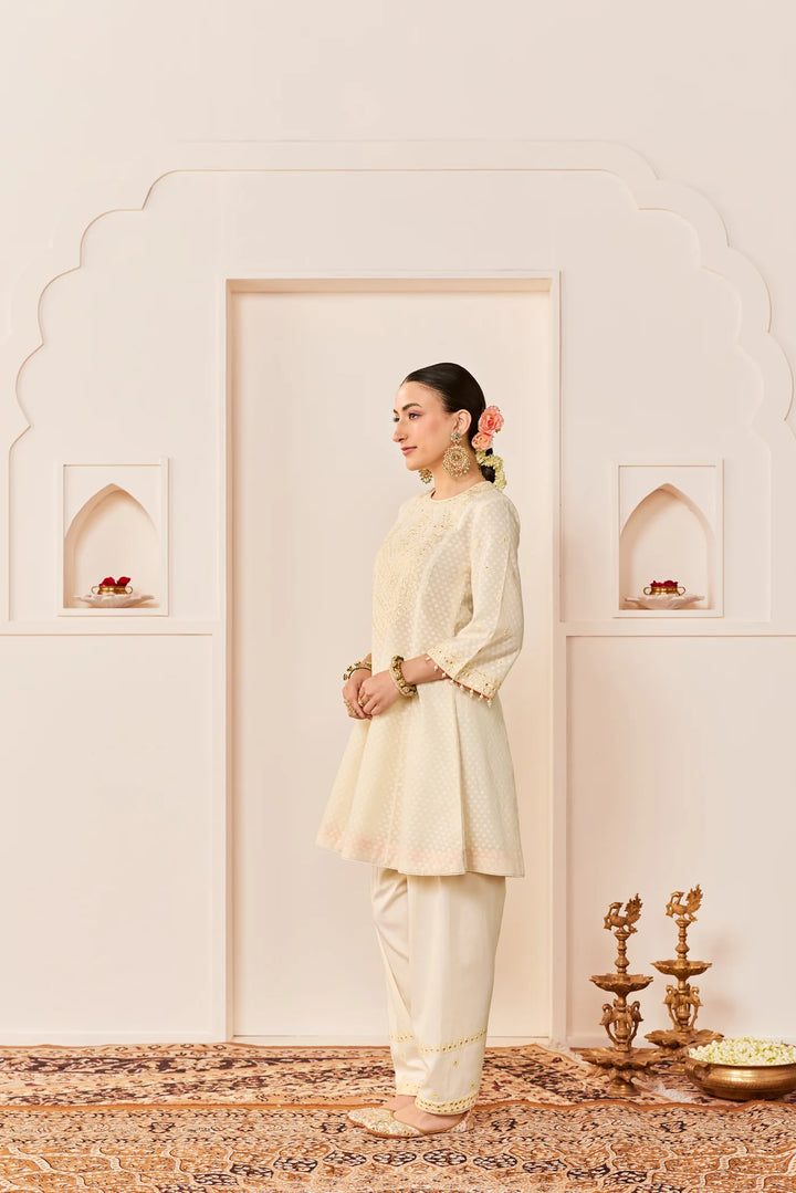 Nida - Daisy Ivory Short Choga With Farshi Salwar and dupatta
