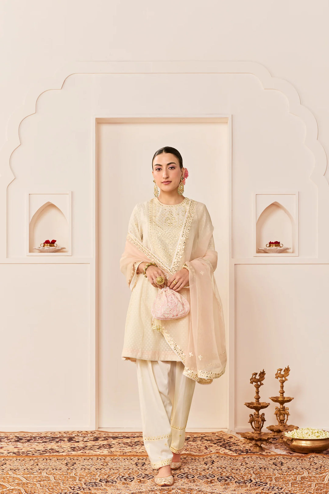 Nida - Daisy Ivory Short Choga With Farshi Salwar and dupatta