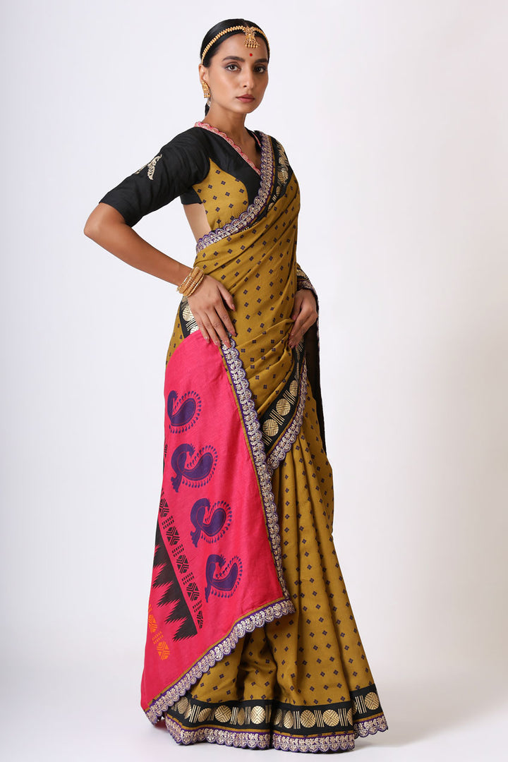 smriti olive black saree