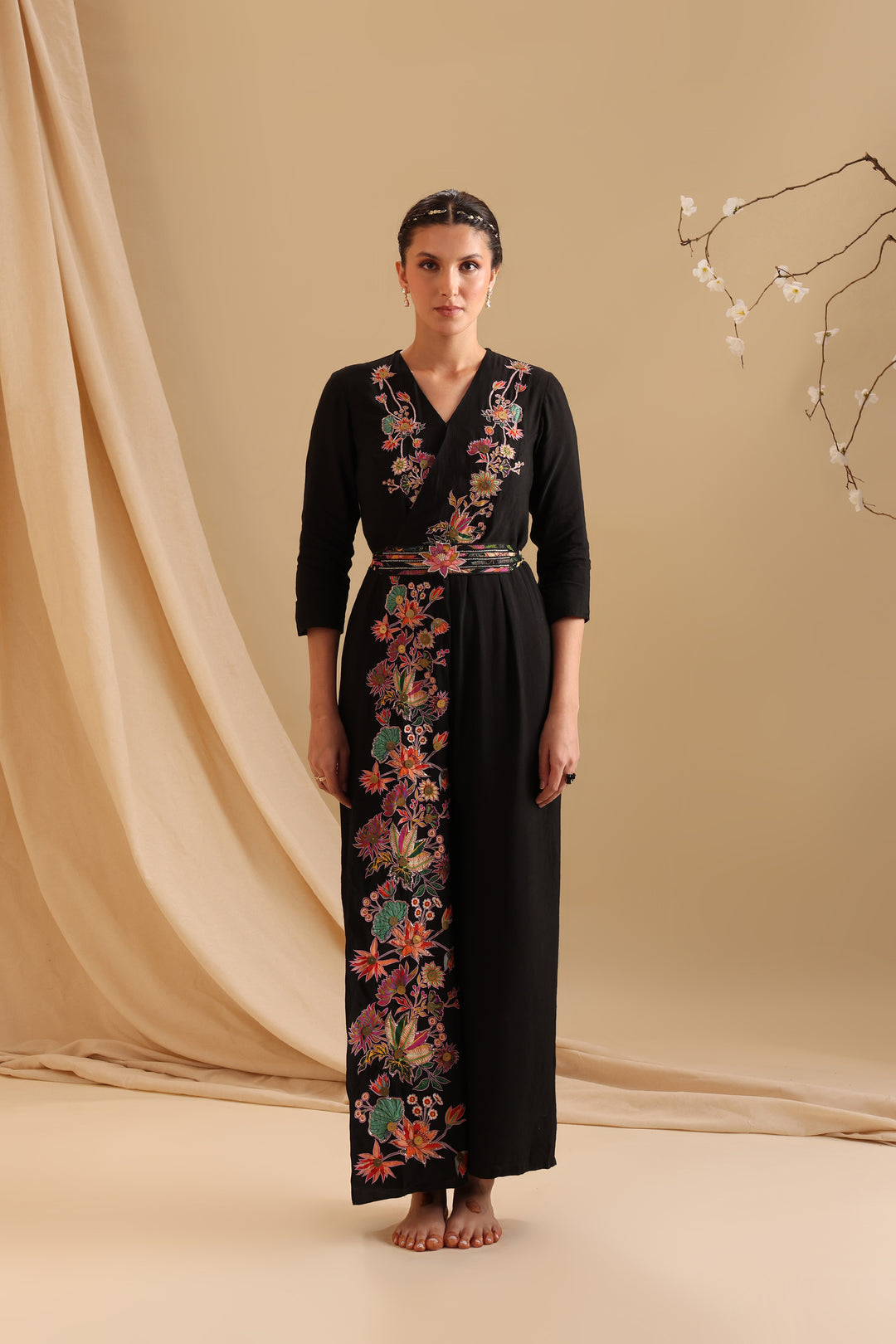 aarani applique overlap jumpsuit with belt