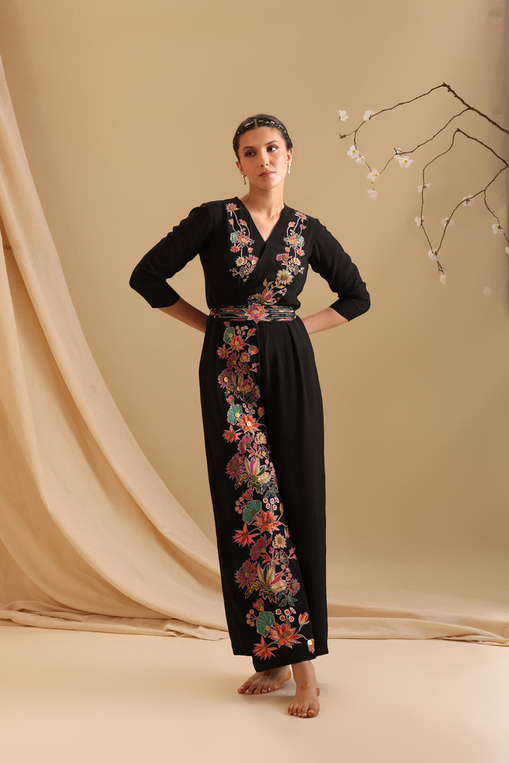 aarani applique overlap jumpsuit with belt