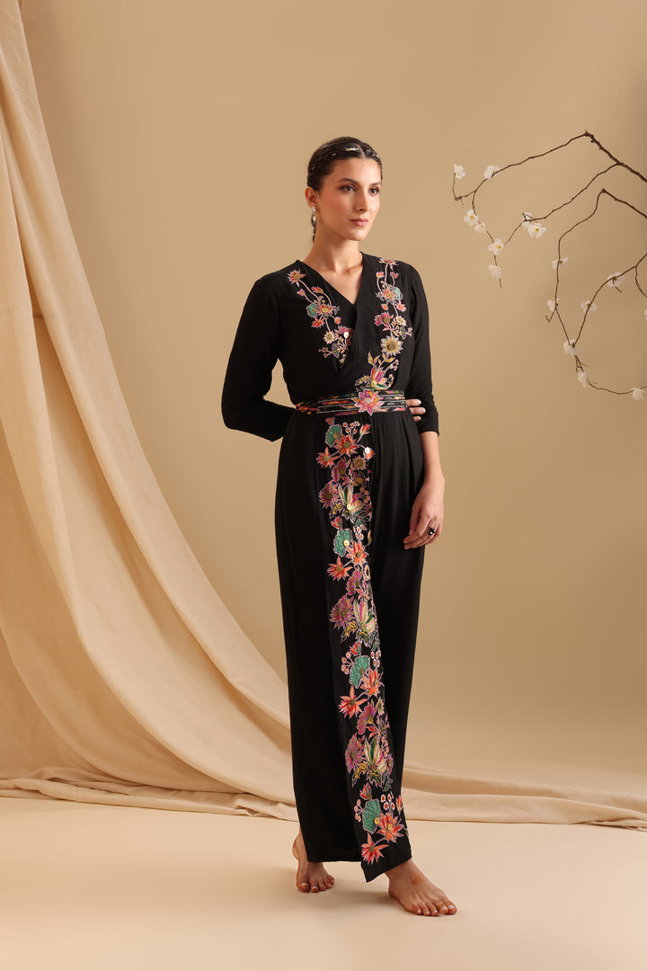 aarani applique overlap jumpsuit with belt