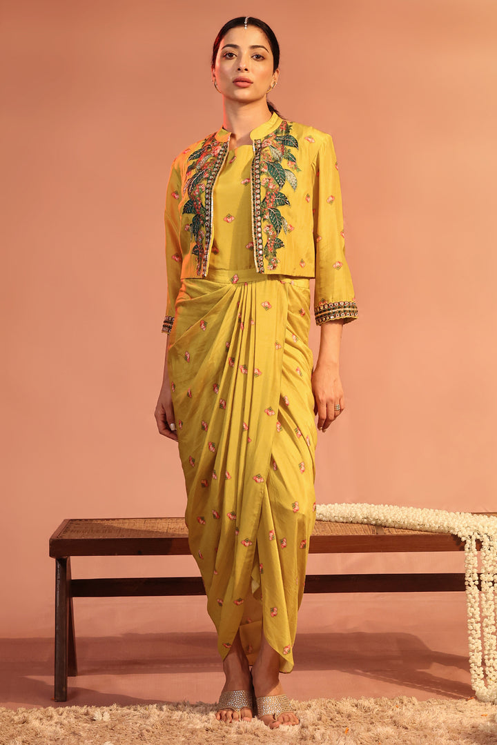 tamaya embroidered drape dress with jacket