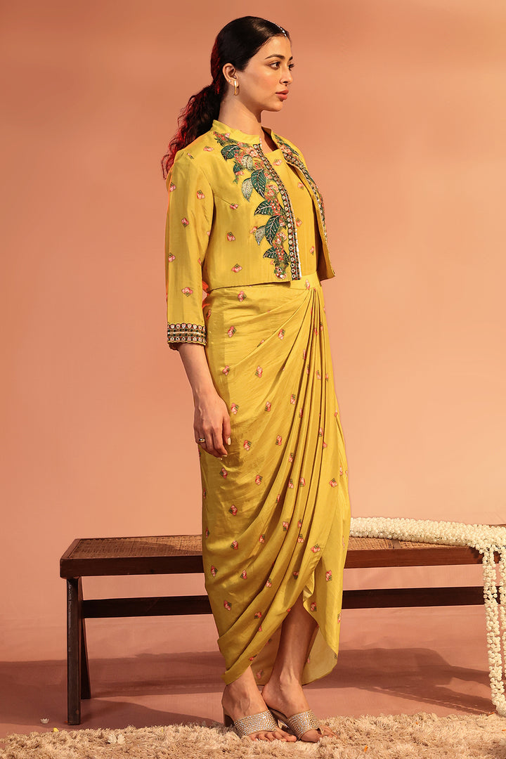 tamaya embroidered drape dress with jacket