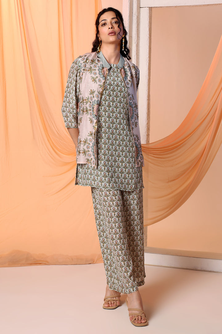 earaya printed kurta set with embellished jacket