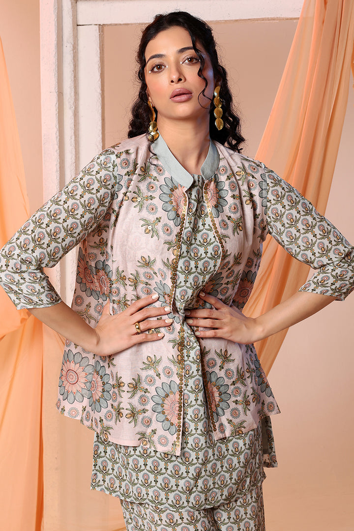 earaya printed kurta set with embellished jacket