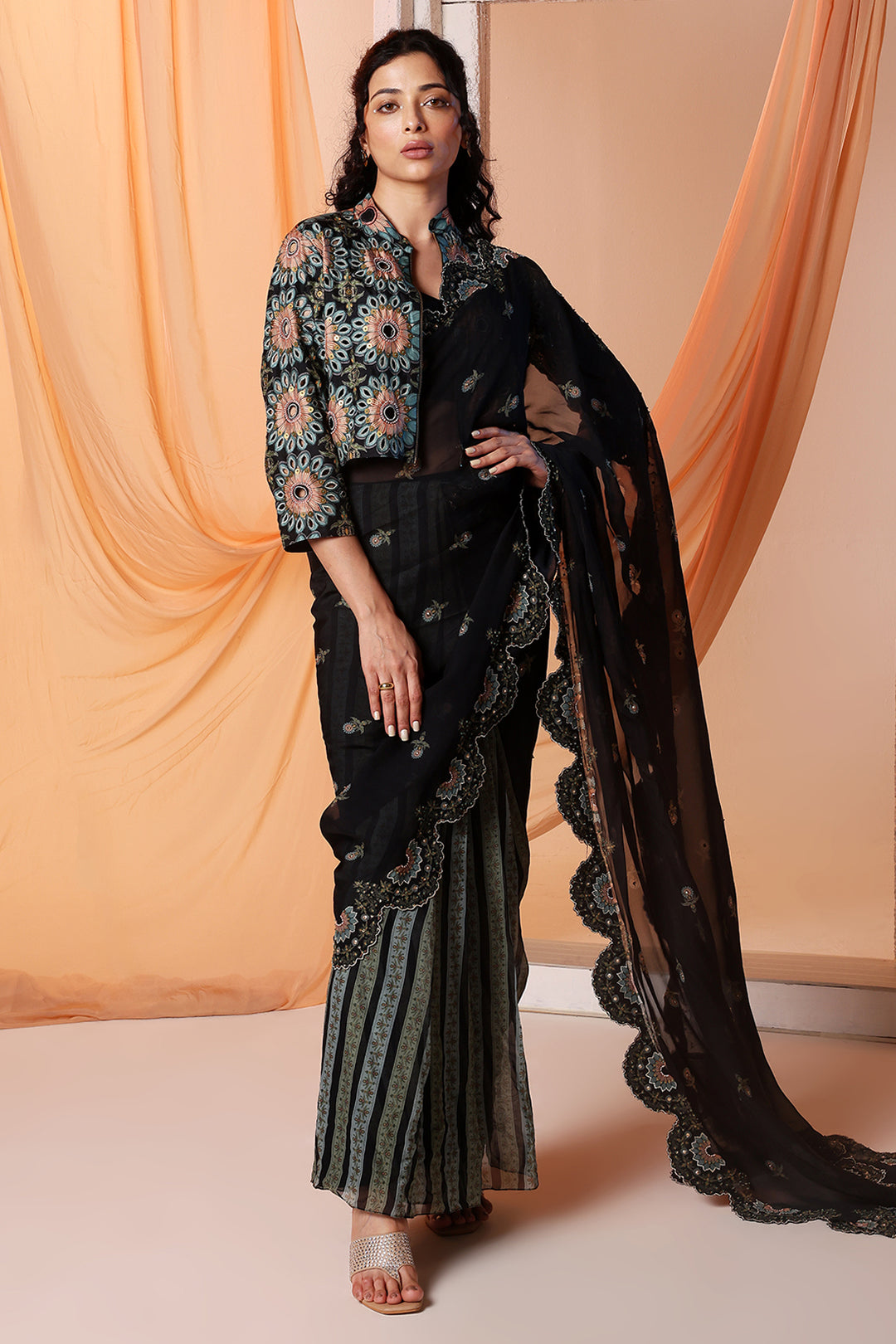 eraya embroidered pre-stitched saree set