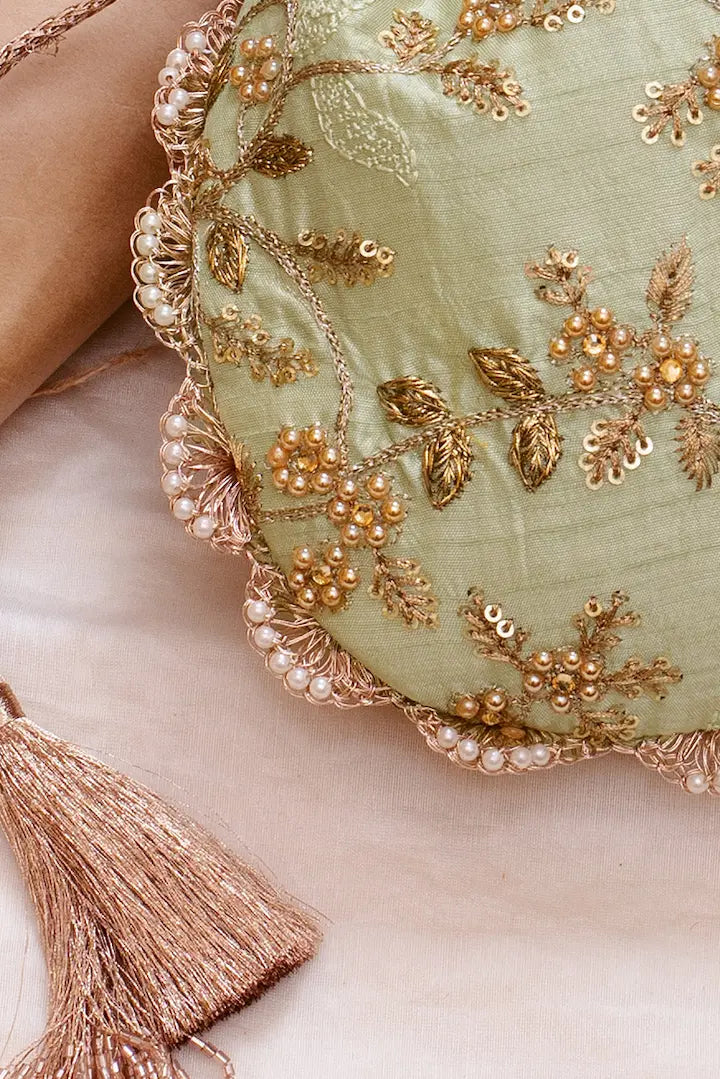 Sage Pearl Embroidered Potli