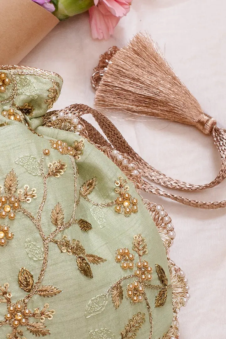 Sage Pearl Embroidered Potli