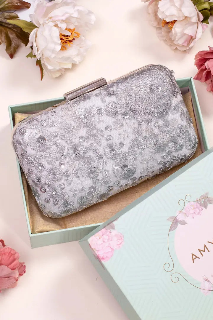 Silver Embroidered Box Clutch