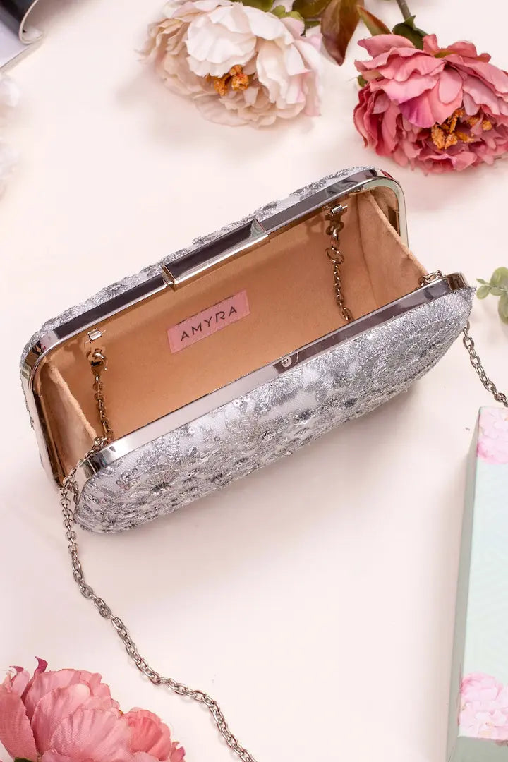 Silver Embroidered Box Clutch