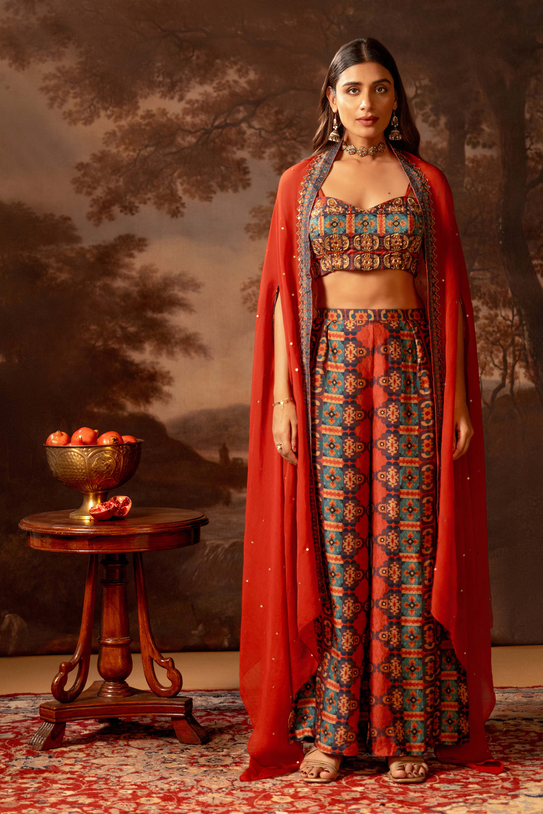 orani embroidered co-ord set with cape