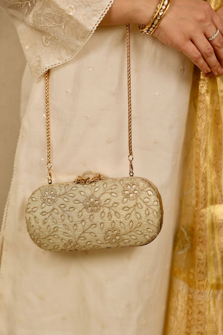 tarang cutwork capsule clutch-light gold