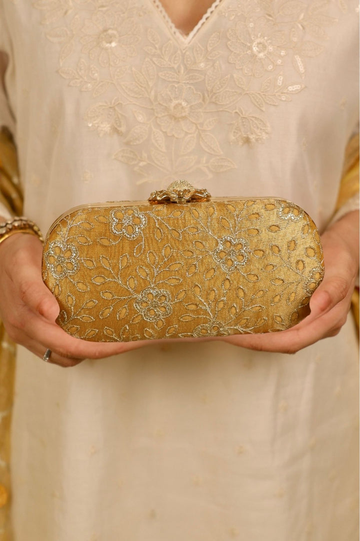 tarang cutwork capsule clutch-mustard