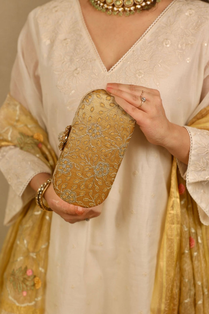 tarang cutwork capsule clutch-mustard