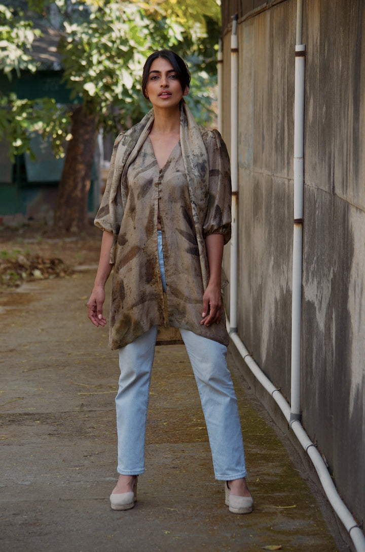 Charcoal brown eco-printed silk shirt