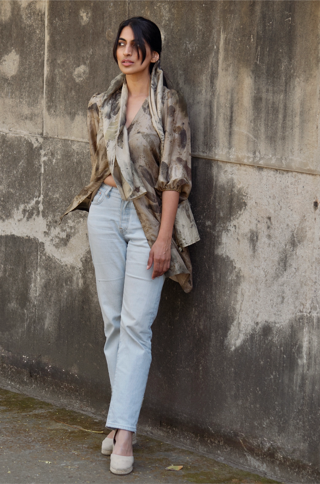 Charcoal brown eco-printed silk shirt